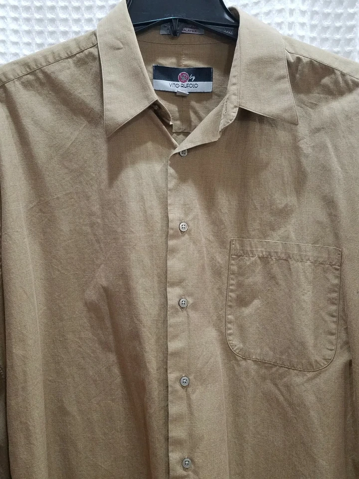 Camisa de vestir Vito Rufolo para hombre VR abotonada algodón tela ancha talla 17 34-35 beige Foto 2 de 4