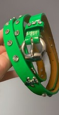 Green Leather Rhinestone Fleur De Lis Skinny Belt XL