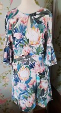 H&M Floral Print Dress Tunic Shift Sz UK 8 Flared 3/4 Sleeves Bell Tulip Summer
