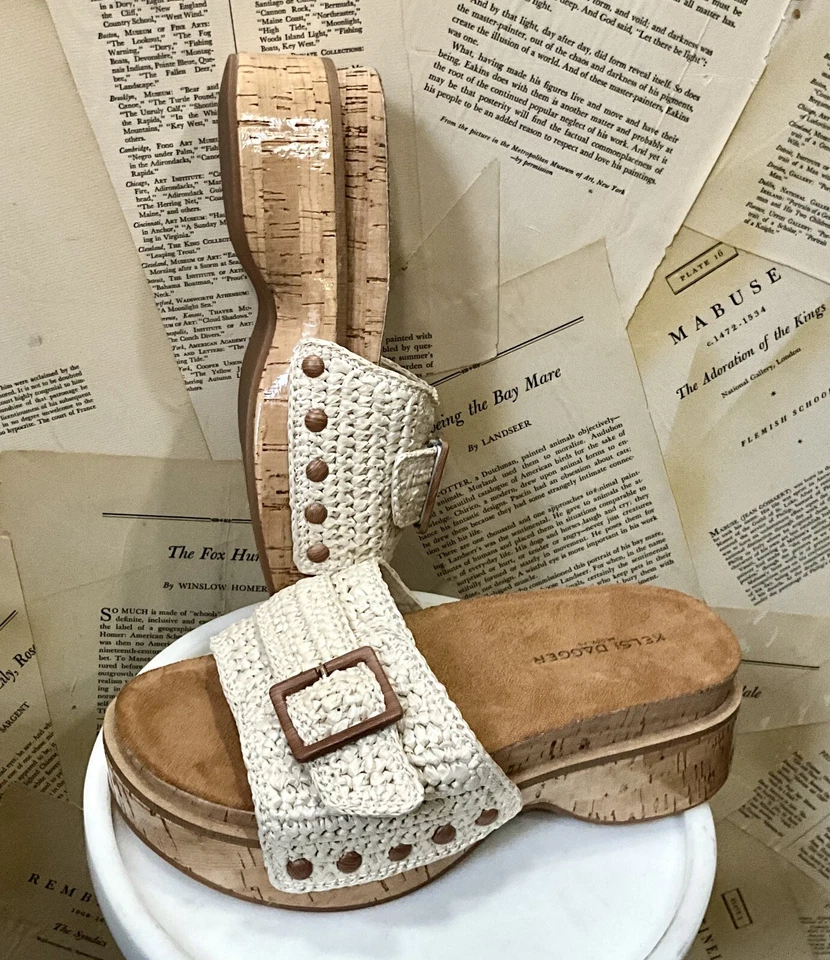 Sandalias planas de corcho Kelsi Daggar Paulie marfil concha crochet suela de corcho 7 NUEVAS Foto 3 de 4