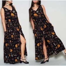 Bila Womens Vintage Boho Hippie Ethnic Elephant Print Front Slit Dress Size S