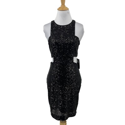 Express Dress Womens 4 Black Sequined Cutout Sides Back Zip Bodycon Sleeveless