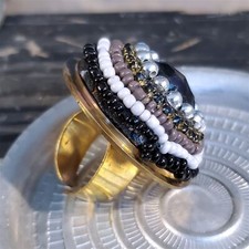 India Brass Black White Gold Silver Color Artisan Beaded Statement Cocktail Ring