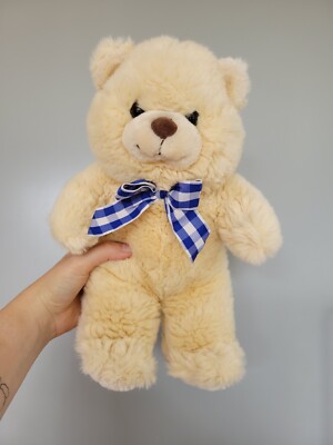 Chad Valley cremefarbener Teddybär Stofftier Plüschtier Vintage weiß blau Gingham Schleife