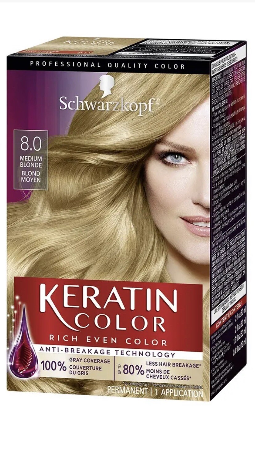 Schwarzkopf Keratin Color Anti-Age Hair Color Cream, 8.0 Silky Blonde Packaging