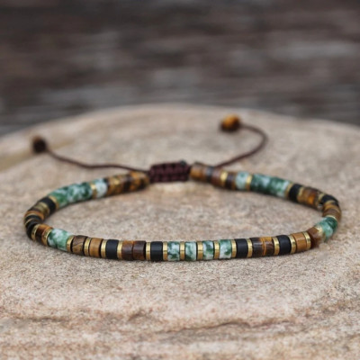 Green Spot Jasper Tiger Eye Tube Beads Healing Dainty Women Men Braided Bracelet