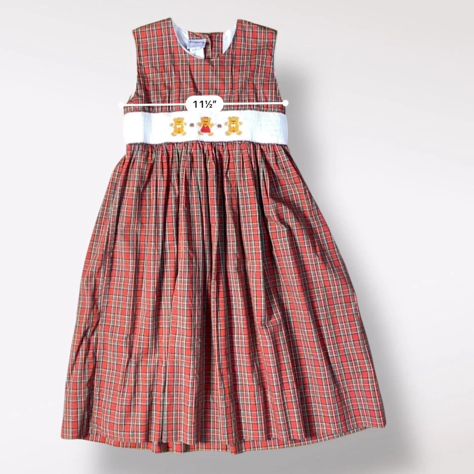Kids by M.E. Vintage Girls Red Plaid Gingerbread Smocked Heirloom Dress Size 6 - Image 3 of 4