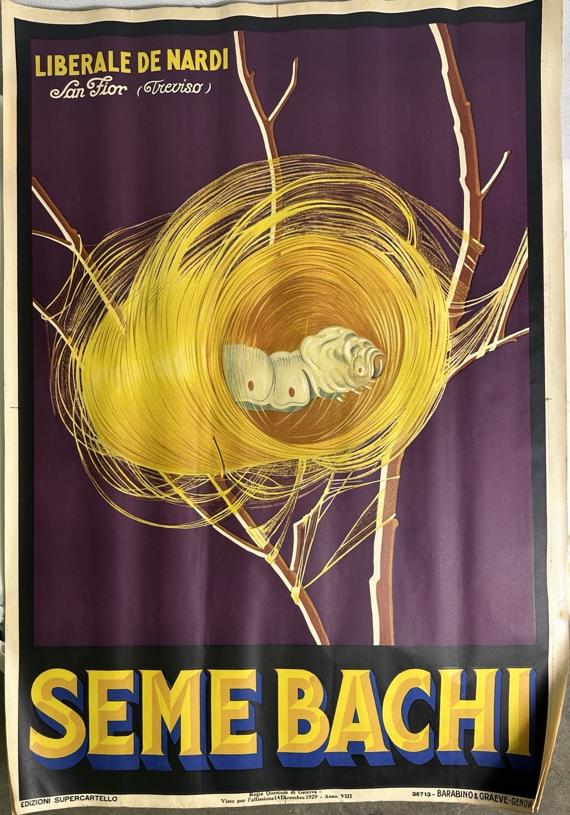 SEME BACHI poster pubblicitario Liberale De Nardi, San Fior Treviso, 1929