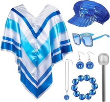70s Women Disco Retro Sequin Poncho Costume Fancy Dress Accessory Set Beret Hat