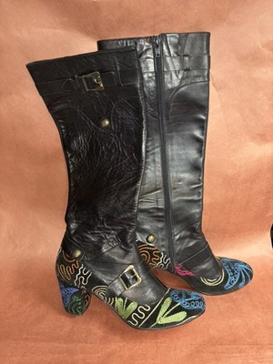 Artemis El Dantés Leather Embroidered Boots Womens EU 38 Black Buckle 7-7.5 US
