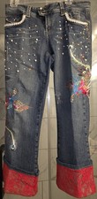 Cache' Embroidered Beaded Phoenix Bird Red Lace Cuff Capri Jeans Sz 12 Ex Con