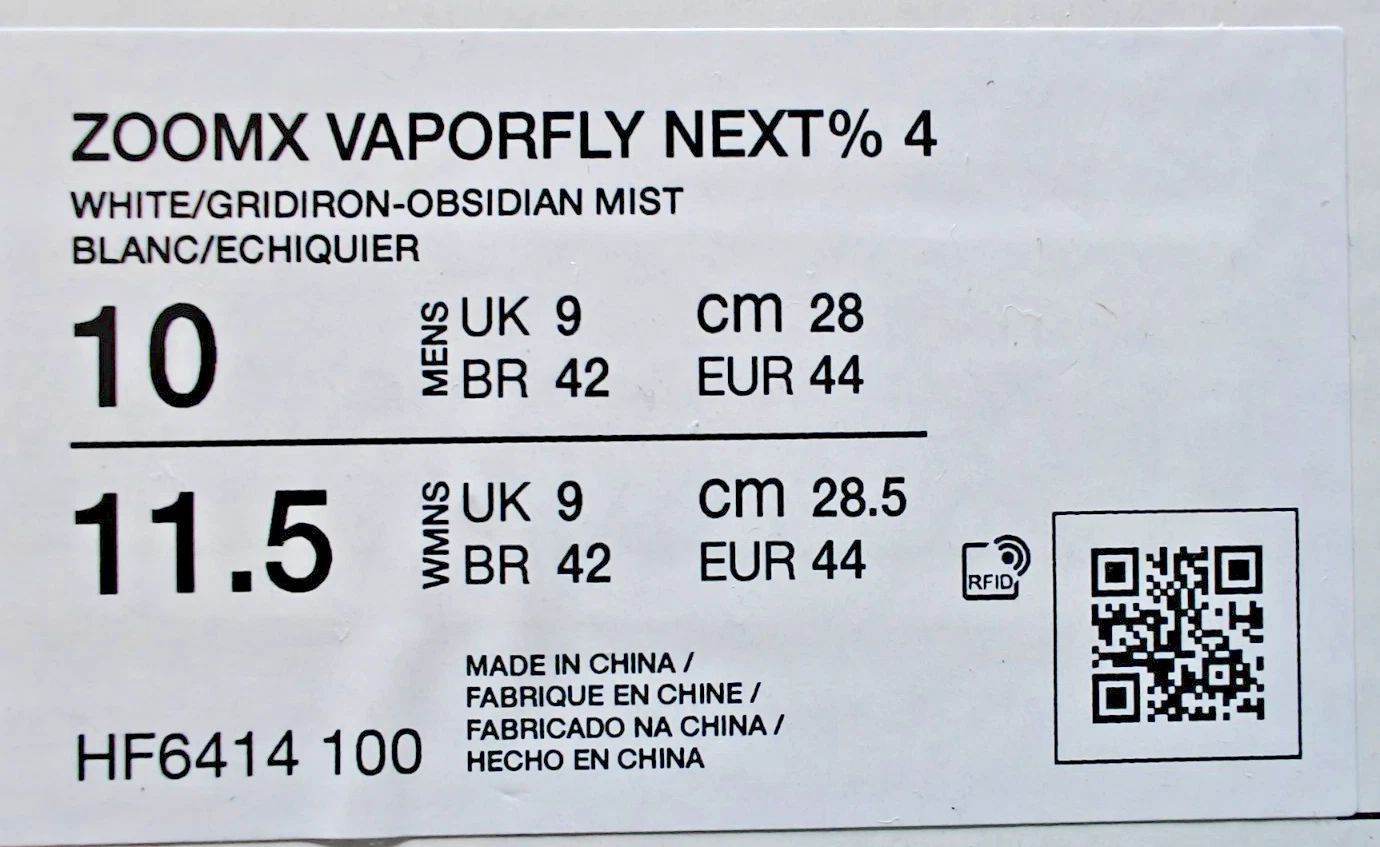 Size M-10/W-11.5 NK ZoomX Vaporfly Next% 4 Unisex Running Shoes White HF6414-100