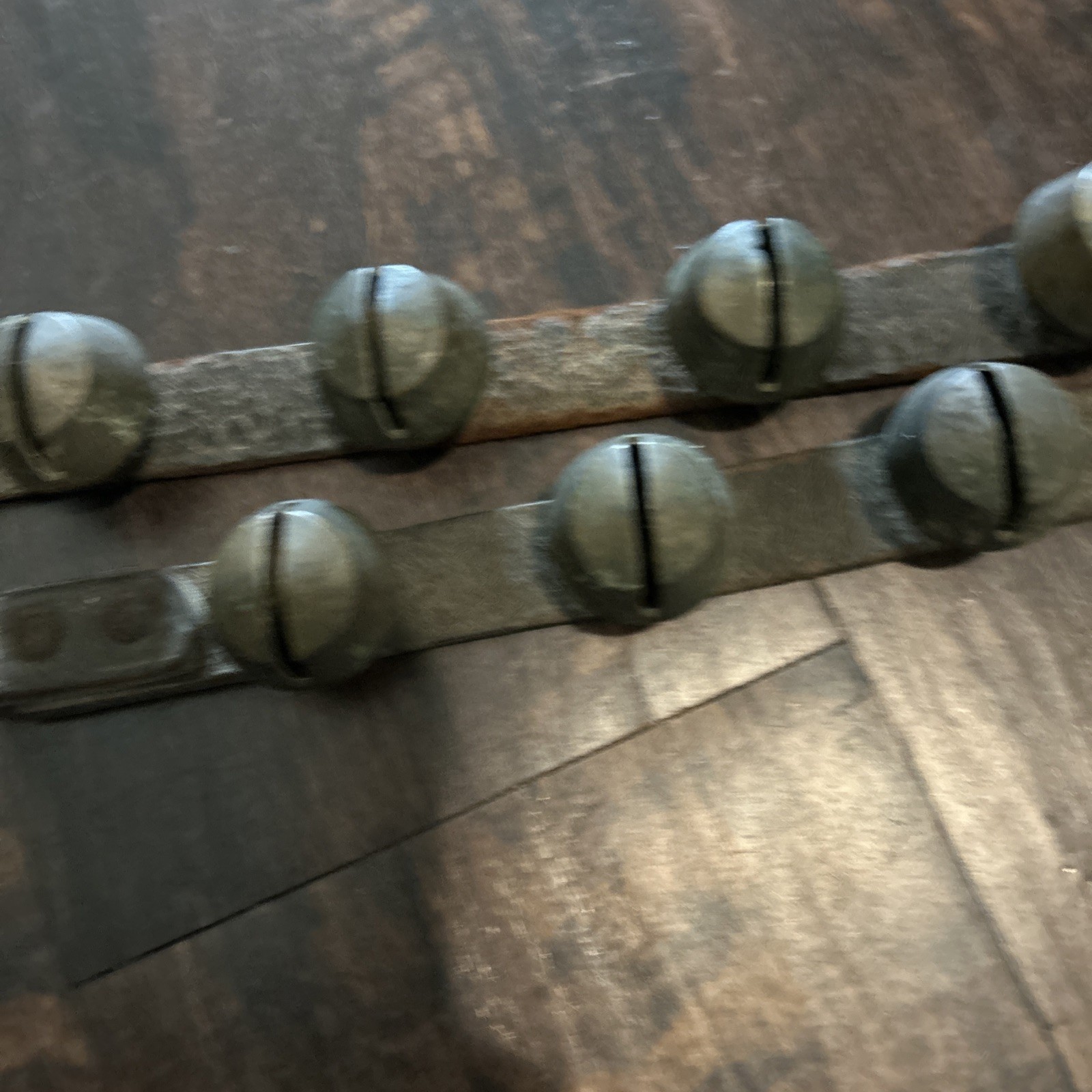 67” ANTIQUE BRASS SLEIGH BELLS ON LEATHER STRAP heavy 