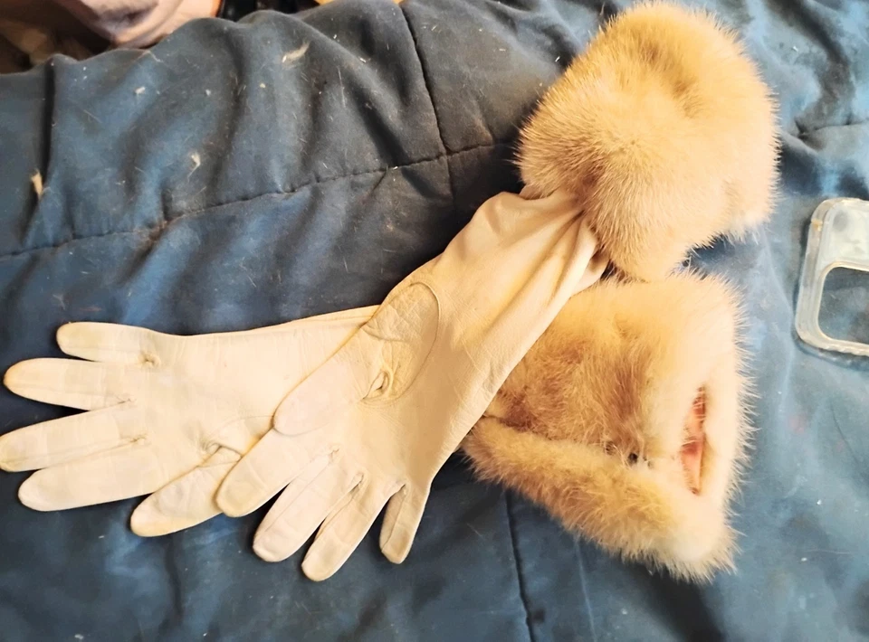 15 英寸长白色儿童皮革 7.5 码手套。 5英寸金发水貂袖口Custum精美 — 第 4/4 张图片