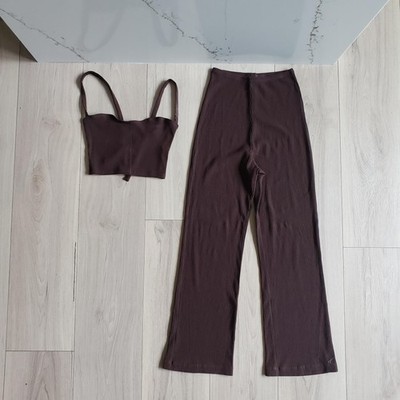 Reformation Outfit Set Womens XS Brown Ribbed Knit Tank Wide Leg Pant 2Pc Casual