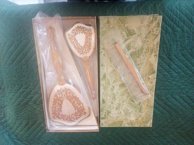 Vintage 3 Piece Vanity Set In Original Box Mirror Brush Comb Gold Tone Finish