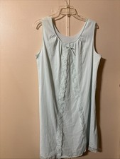 VTG LORRAINE Aqua NYLON V-Neck SHEER LACE DETAIL Lounge SLEEVELESS NIGHTGOWN L