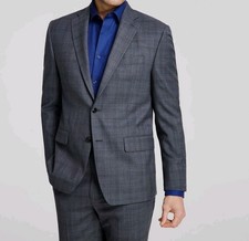Michael Kors Men's Grey Blue Plaid Classic Fit Stretch Suit Jacket 38R