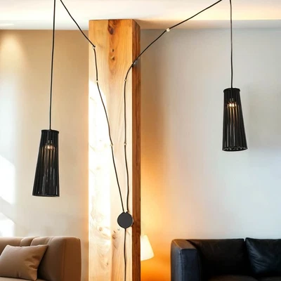 Wandlampe mit Stecker und Schalter 2xG10 L5,5m Holz Schirm geometrisches Design - Bild 1 von 4