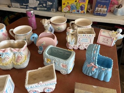 Vintage Ceramic Baby Nursery Planters Lot Pastel Boot Carriage Block Train