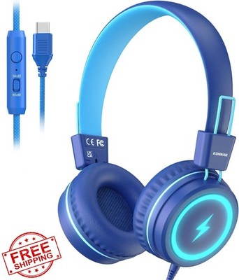 KONNAO Kids Headphones Blue LED Wired On Ear Mic