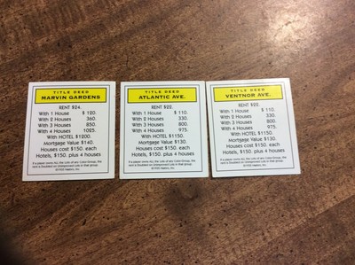 Yellow Monopoly title deed set Atlantic Ave-Ventnor Ave-Marvin Gardens