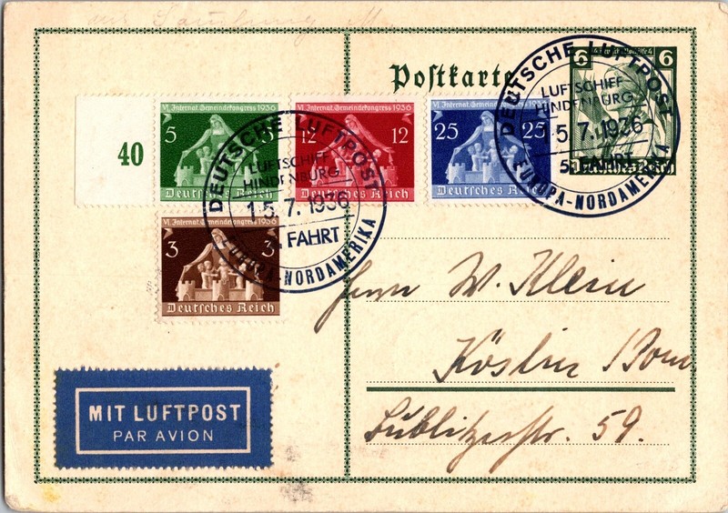 1936 Germany LZ 129 Hindenburg Zeppelin Airmail Postcard Cover to Koslin Poland