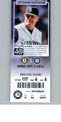 Oakland Athletics vs Seattle Mariners 9/3/2017 Full Ticket - Lou Piniella