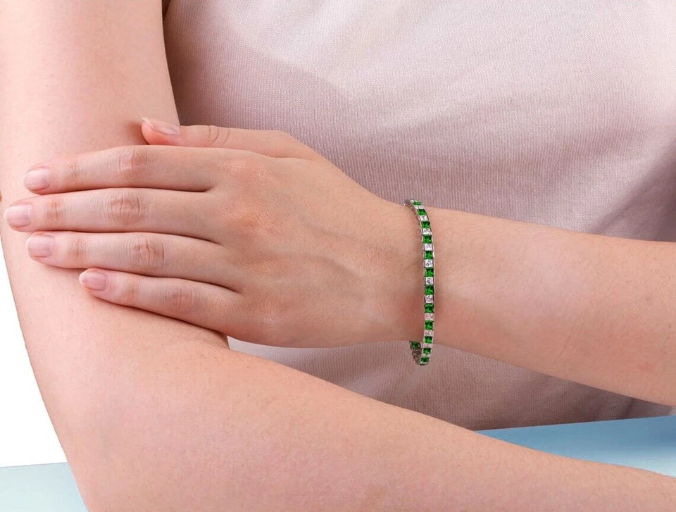 16 ctw Created Princess Green Emerald & Diamond Tennis Bracelet 14K Gold Plated - Image 3 of 4