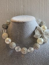 White Pearl And Crystal Statement Choker Bow Necklace Brand New