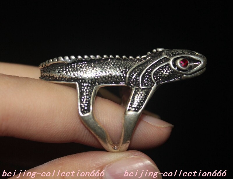 Anillo de lagarto de 1,6" China Tibetana Plata Incrustación Gema Feng Shui Proteger Espíritus Malvados