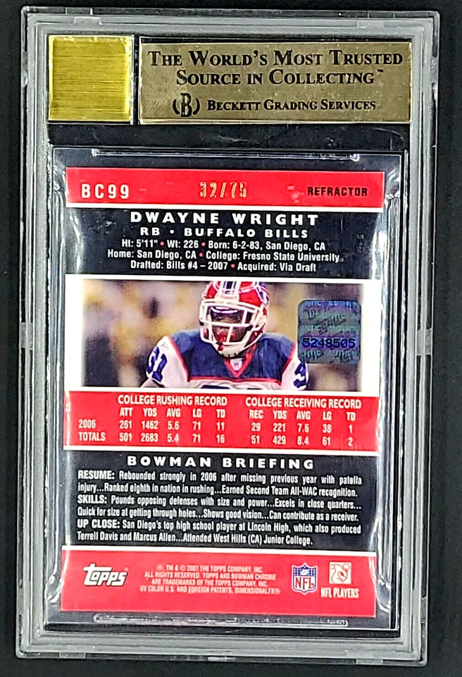 2007 Bowman Chrome Blue Refractor Auto #BC99 Dwayne Wright RC /75 BGS 9.5 POP 1 - Image 2 of 4