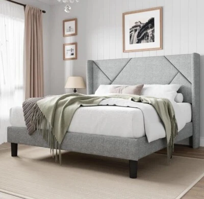LQ QUEEN Size Modern Bed Frame with Wingback Minimalist Upholstered Platform