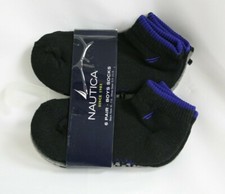 Nautica 6 Pair boys Socks Black Blue Gray White Logo Sock Size 6 to 7.5 New