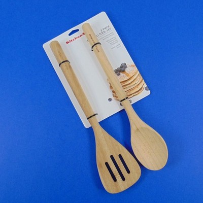 KitchenAid 2-Piece Bamboo Utensil Set Slotted Turner & Basting Spoon Servers New