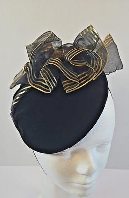 Nan Duskin Fascinator Ah Capello Black Velvet Gold Striped Ribbon Cherub Medal
