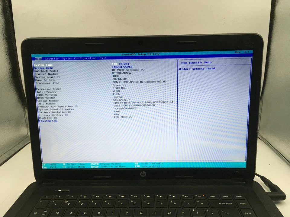 HP 2000 2B19WM NOTEBOOK - BOOTS TO BIOS - AMD E 300 - 4GB RAM - NO OS - READ -BB - Image 2 of 4