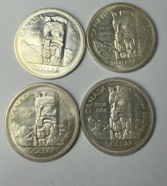 Lot of 4 1858-1958 Canada Silver Dollar - 80% Silver - British Columbia WDSCS1CN