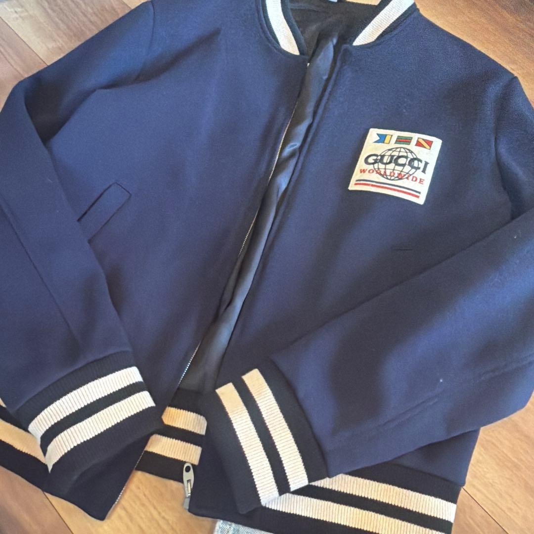 GUCCI Navy Wool Nylon Patch Embroidered Stadium Jacket 54/2XL