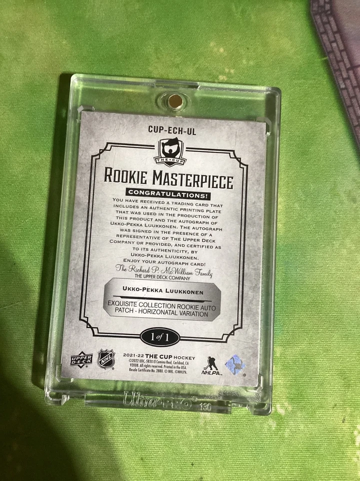 2021-22 The Cup ROOKIE MASTERPIECE Ukko-Pekka Luukkonen RC 1/1 PLATE Autograph - Image 4 of 4