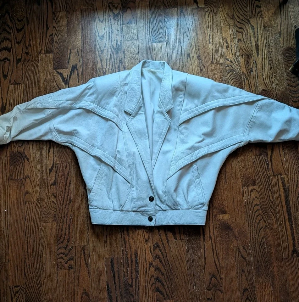 Chaqueta Bomber Vintage Años 80 Para Mujer M Blanco Marfil Cuero Rocker Mangas Dolman Foto 2 de 4