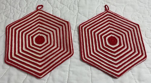 Two Vintage Hand Crocheted Potholders, Hot Pads, Red & White, Six Sided