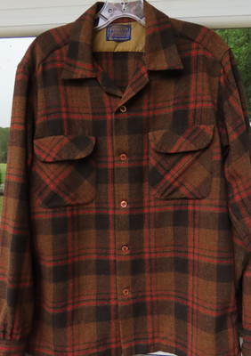 VTG Pendleton Board Shirt Men Pure Wool Brown Brick Ombre Collar Loop Medium EUC