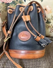 Dooney Bourke Black Vintage Drawstring Bucket Cylinder Bag All Weather Leather