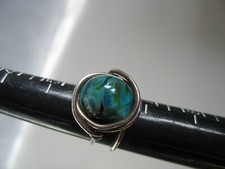 Handmade Silver wire wrap ring Green blue aqua round bead 6 1/2