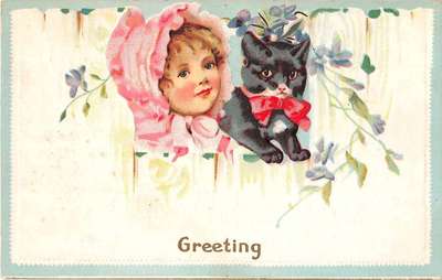 Greetings Girl with Pink Bonnet and Black Cat Antique Postcard