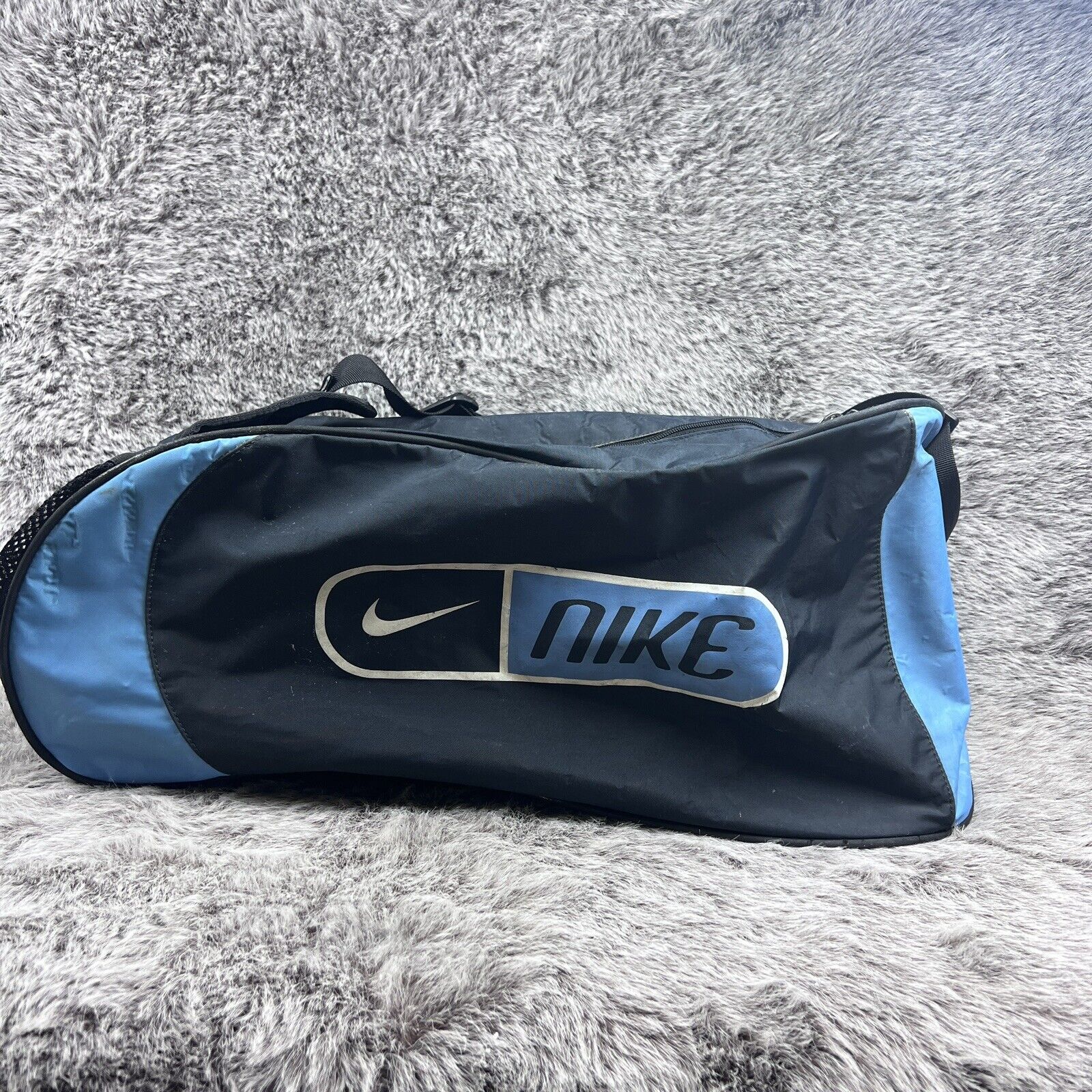 Vintage Nike Duffle Spellout Swoosh Blue Black Gy… - image 1