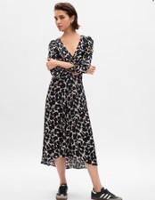GAP NWT Women's Tall Ruched Satin Midi Dress - Black Floral - Size Medium Tall