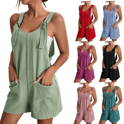 Women's Tie Shoulder Overall Shorts Scoop Neck Loose Romper Jumpsuit With Pocket