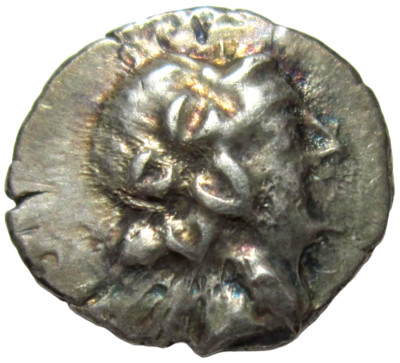 CARIA, MYNDOS. SILVER TRIHEMIOBOL. CIRCA 2nd-1st CENTURY BC. DIONYSOS/GRAPES. 